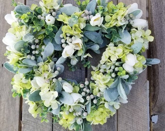 Heart shaped lambs ear wreath for door,  Spring wreath, eucalyptus, berries, tulips and hydrangea, Mother's Day gift, Birthday gift for her