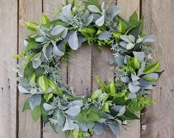 Lambs ear all season country farmhouse greenery wreath for front door, year round foliage wreath, winchesterwendy, green, grapevine wreath