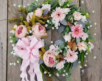 Peach Peony Spring Wreath For Door, Peach and Pink Floral Wreath, Gerbera Daisy Wreath, winchesterwendy, Wendy's Wreaths, Summer Wreath