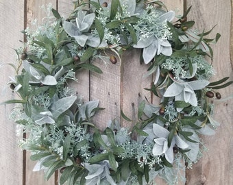 Olive Branch and Lamb's Ear Wreath, Green Foliage Door Decor