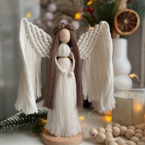 Handmade Macrame Angel with Wooden Base, Macrame Christmas Angel, Nursery Room Decoration, Christening Gift Idea, Scandinavian Decor