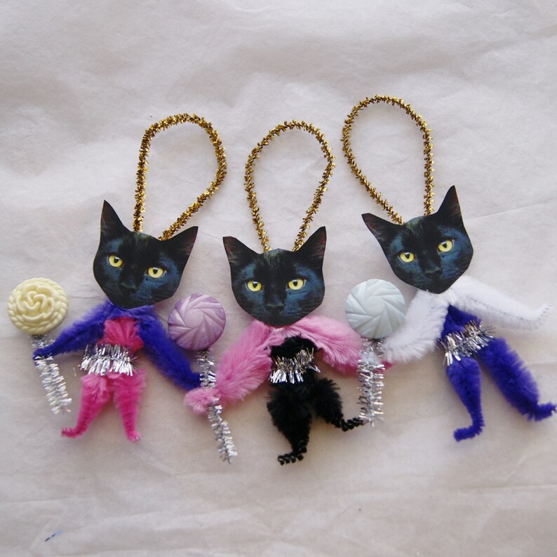 3 Set Chenille Cat Ornaments Black Cat Vintage Style Etsy
