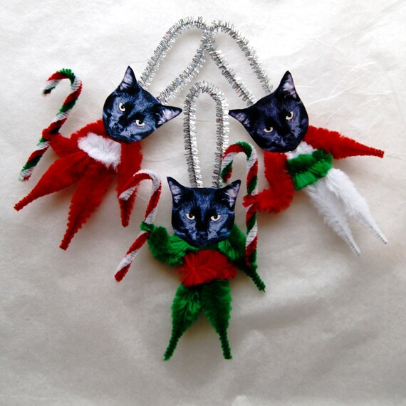 Christmas Cats Chenille Ornaments Black Cats Vintage Style Etsy