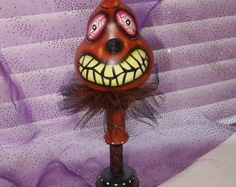 Halloween Hand Painted Gourd, Blood Shot Eyes, Haunted Swamp Holiday Home Decor Gourd Doll Figure