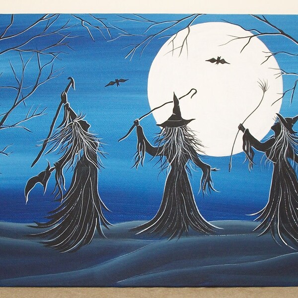 A NIGHT OF DANCE - Witches under a Full Moon 8 x 16 Canvas Panel