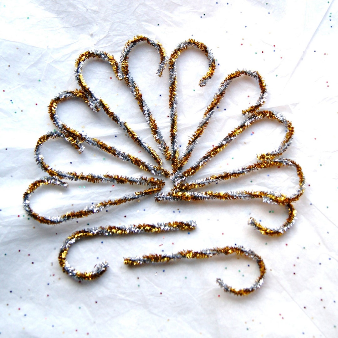 12 Tinsel Chenille Candy Canes, Primitive, Vintage Style Chenille