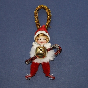 Pixie Elf Chenille Ornament, Christmas Vintage Style Chenille Ornament, Jingle Bell  (253)