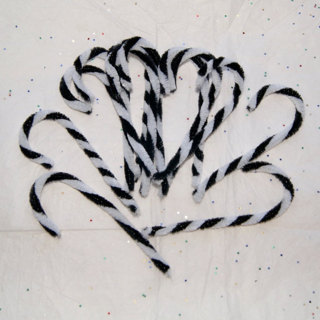 Candy Canes, 12 Black and White Chenille Stem Candy Canes Vintage Style