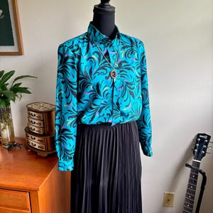 1980s Teal & Black Abstract Floral Blouse