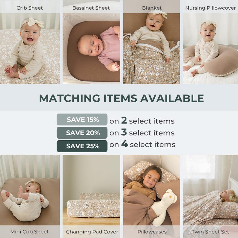 Peut inclure: Image de produits de literie pour b&eacute;b&eacute;s, comprenant un drap de lit, un drap de nacelle, une couverture, un coussin d'allaitement, un drap de lit pour mini-berceau, une housse &agrave; langer, des taies d'oreiller et un ensemble de draps jumeaux. La literie pr&eacute;sente un motif floral. Le texte "MATCHING ITEMS AVAILABLE" est visible.