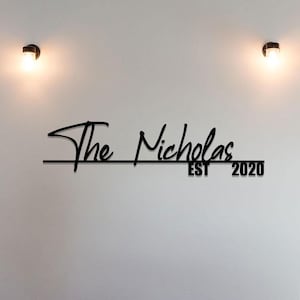 Op de afbeelding: Zwarte metalen wanddecoratie met de tekst "The Nicholas EST 2020".