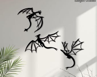 Dragon Metal Wall Art Set of 3, Dragon Set Lover Gift, Dragon Room Decor, Steel Dragon Wall Hanging,Legendary Man Cave Fantasy Art,Wall Art