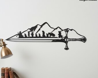 The Nine Walkers & Mountain Backdrop Metal Wall Art,  Home Decor, Birthday/Anniversary Gift for Fantasy Fans,Gandalf and Aragorn ,Wall Decor
