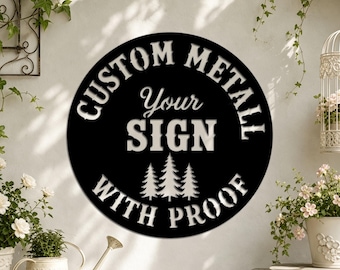 Letrero redondo de metal personalizado, placa de pared de hierro con nombre y logotipo de pino personalizados, prueba digital gratuita. Arte de metal personalizado para interiores y exteriores.