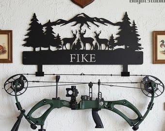 Soporte de metal personalizado para arco con forma de ciervo, regalo para actividades al aire libre, gancho de pared para arquería con nombre, decoración para guardar equipo de caza, organizador de pared personalizado para equipo de caza
