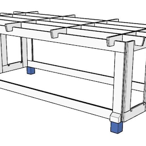 May include: A white wooden outdoor table frame with a slatted top and rectangular design. The table has a sturdy structure with blue accents on the feet. Ideal for a garden or patio setting.