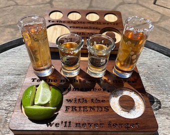 Tequila Shot Flight Board | Wood Shot Tray for Parties | Salt + Lime Holder | 4 Shot Glass Serving Tray | Rustic Agave Tasting Tray | Bamboo