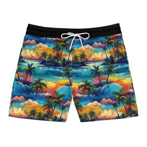 May include: Vibrant swim trunks featuring a tropical island scene with palm trees, ocean waves, and a colorful sunset. The trunks have a black waistband with a white drawstring. The design is repeated across the shorts.