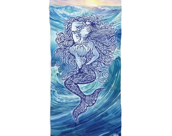 May include: A blue and white illustration of a mermaid with flowing hair and a seashell bra, set against a backdrop of blue ocean waves and a sunset.