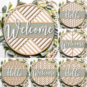 Panneau de bienvenue svg ensemble Bonjour cintre de porte svg fichiers découpés au laser Modèle de cintre de porte ronde en bois Panneau de porte d’entrée svg Panneau de nom de famille Glowforge