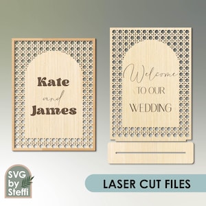 Rotan boog teken SVG Bruiloft teken sjabloon Sociale media teken lasergesneden bestanden Boog tabelnummers Bar menu teken Houten bruiloft teken Glowforge