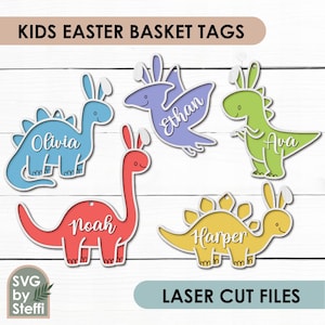 Kids easter basket tags svg Dinosaur with bunny ears tags Wooden easter name tags svg Easter gift tag svg laser cut files Glowforge files