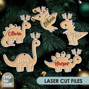 Dinosauro ornamenti natalizi in formato SVG Ornamenti per bambini in formato SVG Nome ornamento file tagliati al laser Ornamenti in legno personalizzati Regalo di Natale in formato SVG Glowforge
