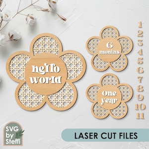 Signes du mois de bébé svg Fichiers découpés au laser de jalon mensuel Disques de jalon pour bébé Signe de nom de bébé Signe de nom de pépinière Signe de nom en bois Glowforge svg