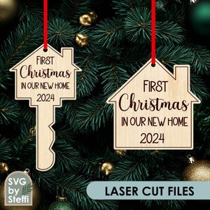 Premier Noël dans notre nouvel ornement de maison 2024 Ornement clé fichiers découpés au laser 1er ornements de Noël Modèle d’ornements en bois Fichiers Glowforge