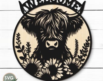 Signo de vaca de las tierras altas de flores silvestres svg Bienvenido puerta percha archivos cortados por láser Plantilla de percha de puerta de granja Glowforge Lightburn Descarga digital
