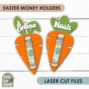 Fichiers découpés au laser pour porte-monnaie de Pâques Étiquette de nom de panier de carottes de Pâques svg Porte-billets Cadeau d'argent personnalisé Glowforge Téléchargement numérique