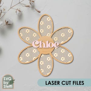 Signe de nom de pépinière de marguerite de rotin svg Signe de nom de bébé de fleur svg Signe personnalisé fichiers découpés au laser Signe de nom Boho Signes de mois de bébé Glowforge svg
