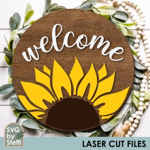 Benvenuto porta appendiabiti SVG girasole porta appendiabiti segno file tagliati al laser Modello di appendiabiti porta rotonda in legno File SVG estivi per Cricut Glowforge