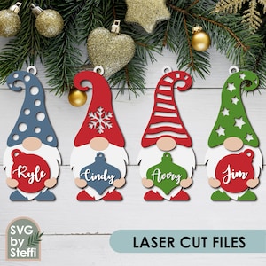 Ornamenti per gnomi di Natale File tagliati al laser Ornamento con nome personalizzato Modelli di gnomi in legno Gnomi personalizzati Modello ornamento in legno Glowforge