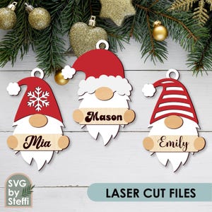 Christmas gnome ornaments Laser cut files Custom name ornament Wooden gnome patterns Personalized gnomes Wood ornament template Glowforge