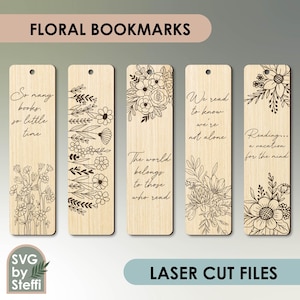 Segnalibro floreale SVG Bundle Modello segnalibro in legno Segnalibro inciso file tagliati al laser Regalo amante del libro Regalo insegnante SVG Glowforge Cricut