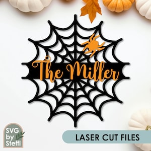 Spider Web door hanger svg Halloween sign svg laser cut file Last Name door sign Family name sign Welcome sign svg Spiderweb sign Glowforge