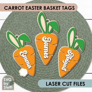 Étiquettes de panier de Pâques en forme de carotte svg Fichiers découpés au laser pour étiquettes de nom d'oreilles de lapin Étiquettes de cadeaux de Pâques svg Étiquette de panier personnalisée svg Décoration de Pâques Glowforge