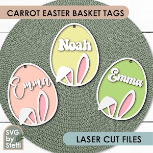 File svg con etichetta per cestino di Pasqua con orecchie da coniglio Etichetta con nome per cestino di Pasqua per bambini File tagliati al laser per etichetta personalizzata per cestino Download digitale Glowforge