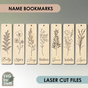 Name bookmarks svg Wildflower bookmarks laser cut files Engraved wooden bookmark template Book lover gift for woman Floral Flower bookmarks