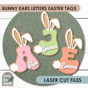 Orejas de conejito letras etiquetas de cesta de Pascua svg archivos cortados con láser Letra del alfabeto de conejito Etiquetas A-Z Etiqueta de regalo de Pascua svg Cesta de Pascua personalizada para niños