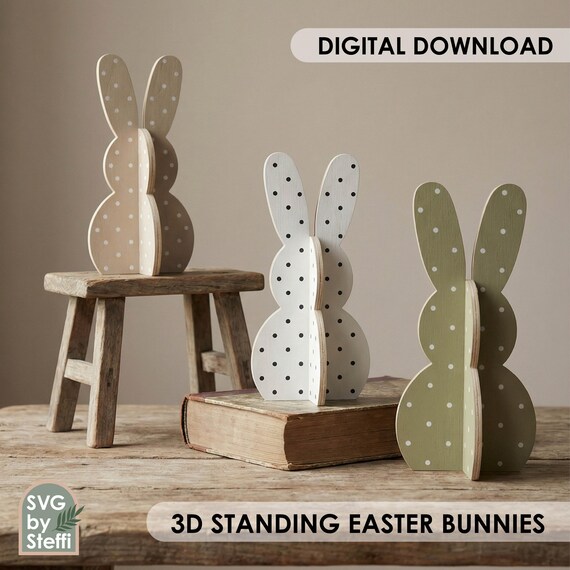 3D Standing Easter Bunnies Svg Easter Rabbit Svg Wooden Slotted Bunny Laser Cut File Glowforge xTool CNC Bunny Shelf Sitter Spring Decor