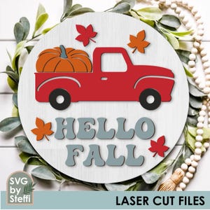 Hello fall door hanger svg Front door sign Red truck with pumpkin laser cut file Fall sign svg Autumn svg for glowforge cricut Lightburn