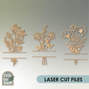 Könnte beinhalten: Drei lasergeschnittene Blumenmotive mit einem leeren Platz für Text. Die Motive zeigen verschiedene Stile von Blumen und Blättern. Die Motive sind perfekt für die Erstellung von personalisierten Geschenken oder Wohnaccessoires.