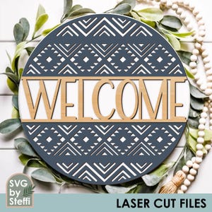 Welkom deur hanger SVG Boho voordeur teken laser gesneden bestanden houten ronde deur hanger sjabloon Azteekse SVG-bestand voor Cricut Glowforge Lightburn