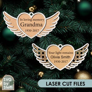 Angel wings memorial ornament svg Personalized christmas ornaments Rattan ornament laser cut files Remembrance ornament Glowforge files