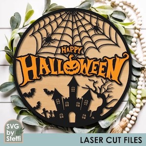 Happy Halloween door hanger svg Round halloween door sign svg Happy Halloween wood layered front door sign laser cut files