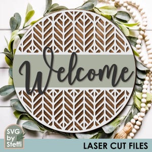 Welcome door hanger svg Front door sign laser cut files Wooden round door hanger template Family name sign svg files for cricut Glowforge