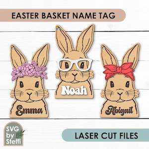 Étiquette de nom de panier de Pâques svg Étiquettes de panier de Pâques pour enfants svg Lapin de Pâques étiquette de panier personnalisée fichiers découpés au laser Décorations de Pâques Glowforge