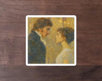 May include: Square sticker featuring a romantic illustration of a man and woman facing each other. The artwork has a textured, painterly style with a warm color palette of blues, yellows, and browns. The sticker is on a dark wood surface.